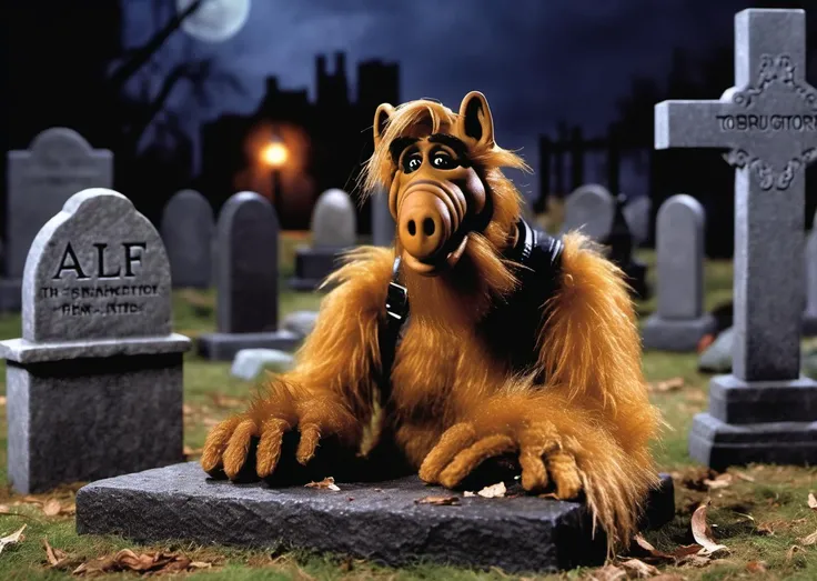 <lora:Alf SDXL LoRA - Trigger w Alf Person:.8> alf person in a unique situation ( An environment with tombstones and a similar look to a cemetery with some bats and cockroaches). Highly detailed photography. Volumetric lighting.
