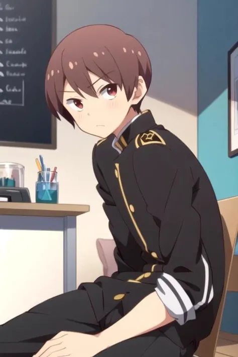 masterpiece, best quality, wallpaper, 1boy, solo, male focus, looking at viewer, , , anime coloring, , <lora:chiaki_uchimura:0.72>, chiaki_uchimura, brown hair, red eyes, , , science fiction military science fiction,