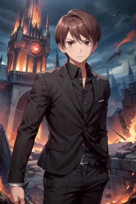 masterpiece, best quality, game cg, 1boy, solo, male focus, looking at viewer, upper body, depth of field, , , <lora:chiaki_uchimura:0.70>, chiaki_uchimura, brown hair, red eyes, suit pants, , Mordor: A dark and evil land ruled by the dark lord Sauron,