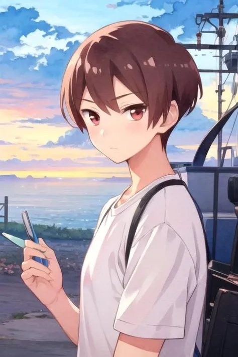 masterpiece, best quality, wallpaper, 1boy, solo, male focus, looking at viewer, upper body, , (watercolor illustration, soft pastel colors:1.1), , <lora:chiaki_uchimura:0.74>, chiaki_uchimura, brown hair, red eyes, , ship, 2k resolution