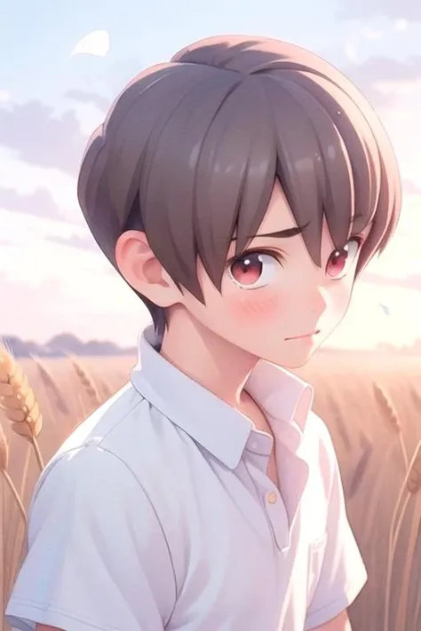 masterpiece, best quality, illustration, 1boy, solo, male focus, looking at viewer, , depth of field, (watercolor illustration, soft pastel colors:1.1), realistic, <lora:chiaki_uchimura:0.72>, chiaki_uchimura, brown hair, red eyes, , homburg, field of wheat,