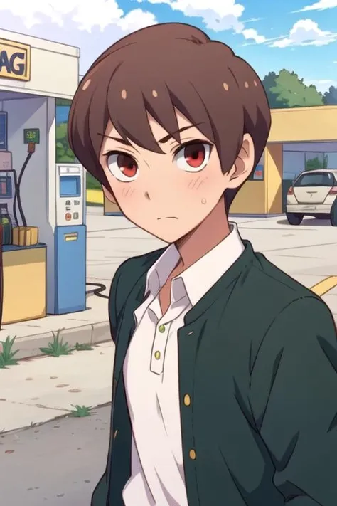 masterpiece, best quality, photorealistic, 1boy, solo, male focus, looking at viewer, , depth of field, , , <lora:chiaki_uchimura:0.68>, chiaki_uchimura, brown hair, red eyes, leprechaun costume, gas station,