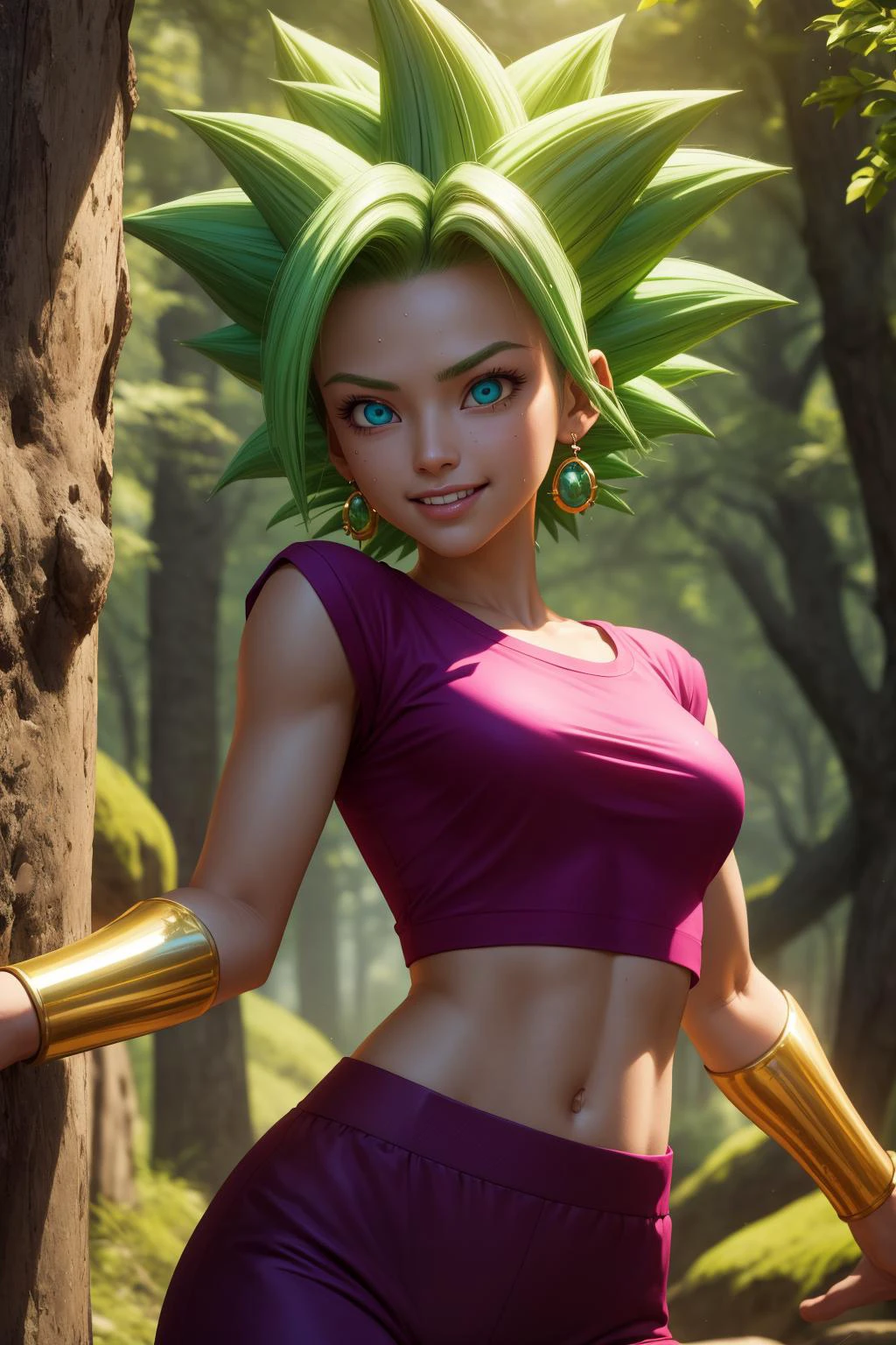 keflassj, 1girl, solo, aqua eyes, green hair, spiked hair, super saiyan, super saiyan 1, green earrings,
midriff, pink top, short sleeves, crop top, short sleeves, purple pants, gold vambraces, skin tight,
smile,closed mouth,cowboy shot,
forest,outdoor,
(insanely detailed, beautiful detailed face, masterpiece, best quality) cinematic lighting,<lora:DBS_KeflaSSJ_v1:1>, <lora:more_details:0.3>,