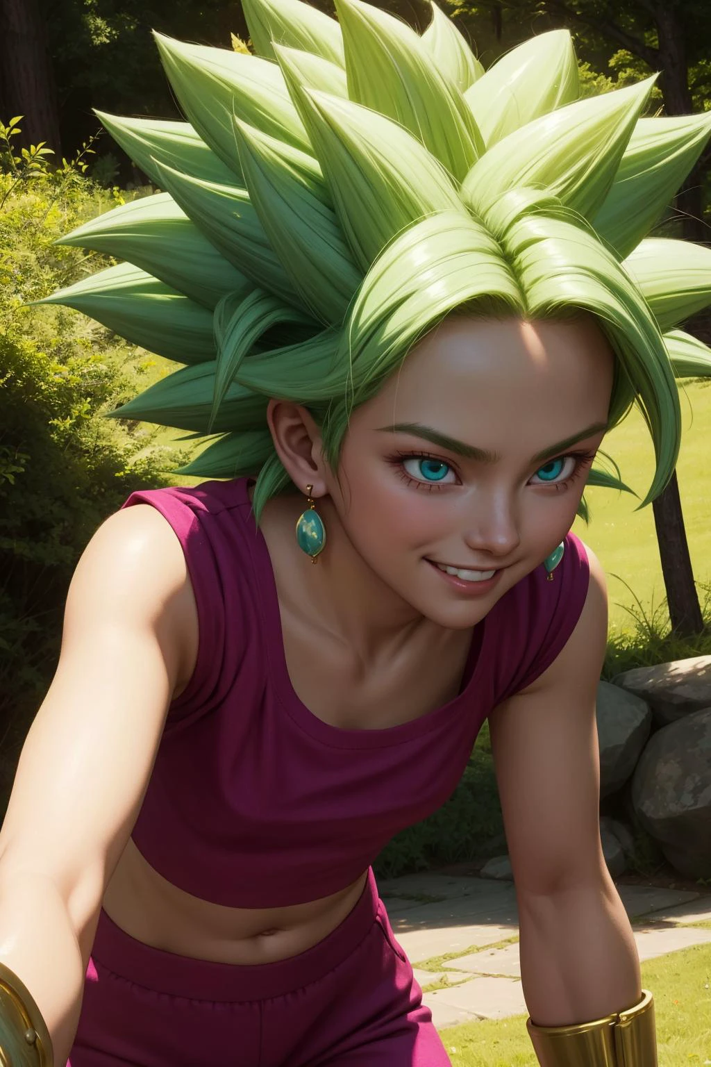 keflassj, 1girl, solo, aqua eyes, green hair, spiked hair, super saiyan, super saiyan 1, green earrings,
midriff, pink top, short sleeves, crop top, short sleeves, purple pants, gold vambraces, skin tight,
smile,closed mouth,cowboy shot,
forest,outdoor,
(insanely detailed, beautiful detailed face, masterpiece, best quality) cinematic lighting,<lora:DBS_KeflaSSJ_v1:1>, <lora:more_details:0.3>,