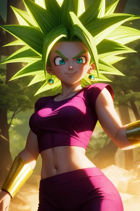 keflassj, 1girl, solo, aqua eyes, green hair, spiked hair, super saiyan, super saiyan 1, green earrings,
midriff, pink top, short sleeves, crop top, short sleeves, purple pants, gold vambraces, skin tight,
smile,closed mouth,cowboy shot,
forest,outdoor,
(insanely detailed, beautiful detailed face, masterpiece, best quality) cinematic lighting,<lora:DBS_KeflaSSJ_v1:1>, <lora:more_details:0.3>,
