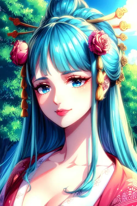 (((ultra detailed background, delicate pattern, intricate detail, highly detailed, fine details))), best quality, ((medium breasts, slim girl)), KozukiHiyori, 1girl, solo, hair ornament, closed mouth, hair flower, japanese clothes, makeup, kimono, lipstick, aqua hair, blue eyes, long hair, hair stick, smile, kanzashi, ((complex detailed background, blue sky, nature environment, close-up, portrait, clear face)), <lora:DetailTweaker:0.5>, <lora:KozukiHiyoriTest:0.7>