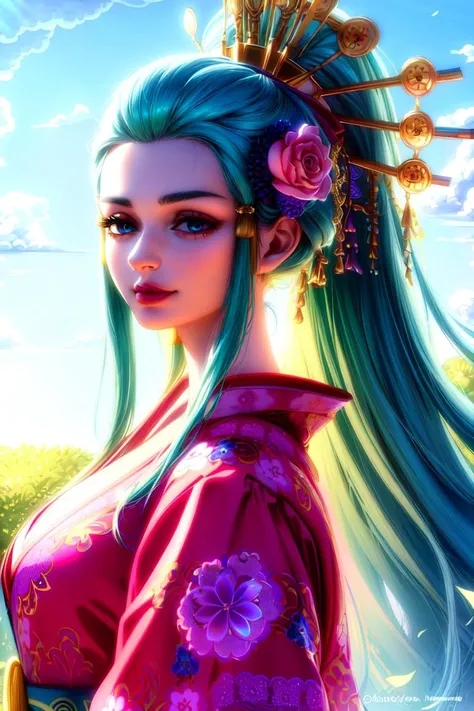 ultra realistic 8k cg, (((ultra detailed background, delicate pattern, intricate detail, highly detailed, fine details))), best quality, (photorealistic:1.4),beautiful lighting, absurdres, RAW photo, film grain, ((medium breasts, slim girl)), KozukiHiyori, 1girl, solo, hair ornament, hair flower, japanese clothes, makeup, kimono, lipstick, aqua hair, blue eyes, long hair, hair stick, smile, kanzashi, ((complex detailed background, blue sky, nature environment, close-up, portrait)), <lora:DetailTweaker:0.5>, <lora:KozukiHiyoriTest:0.7>