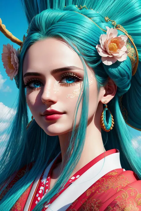 ultra realistic 8k cg, (((ultra detailed background, delicate pattern, intricate detail, highly detailed, fine details))), best quality, (photorealistic:1.4),beautiful lighting, absurdres, RAW photo, film grain, ((medium breasts, slim girl)), KozukiHiyori, 1girl, solo, hair ornament, closed mouth, hair flower, japanese clothes, makeup, kimono, lipstick, aqua hair, blue eyes, long hair, hair stick, smile, kanzashi, ((complex detailed background, blue sky, nature environment, close-up, portrait, clear face)), <lora:DetailTweaker:0.5>, <lora:KozukiHiyoriTest:0.7>