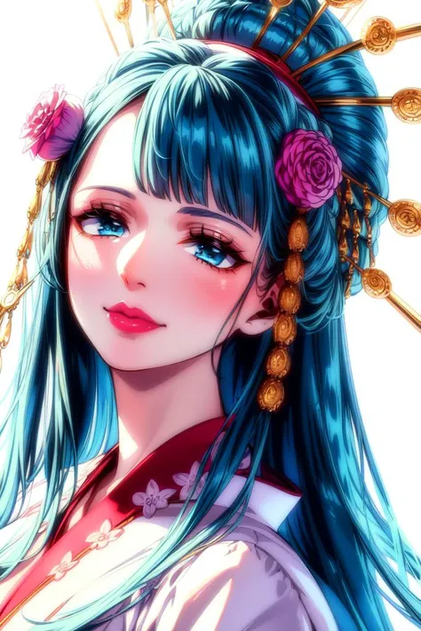 (((ultra detailed background, delicate pattern, intricate detail, highly detailed, fine details))), best quality, ((medium breasts, slim girl)), KozukiHiyori, 1girl, solo, hair ornament, closed mouth, hair flower, japanese clothes, makeup, kimono, lipstick, aqua hair, blue eyes, long hair, hair stick, smile, kanzashi, ((complex detailed background, blue sky, nature environment, close-up, portrait, clear face)), <lora:DetailTweaker:0.5>, <lora:KozukiHiyoriTest:0.7>