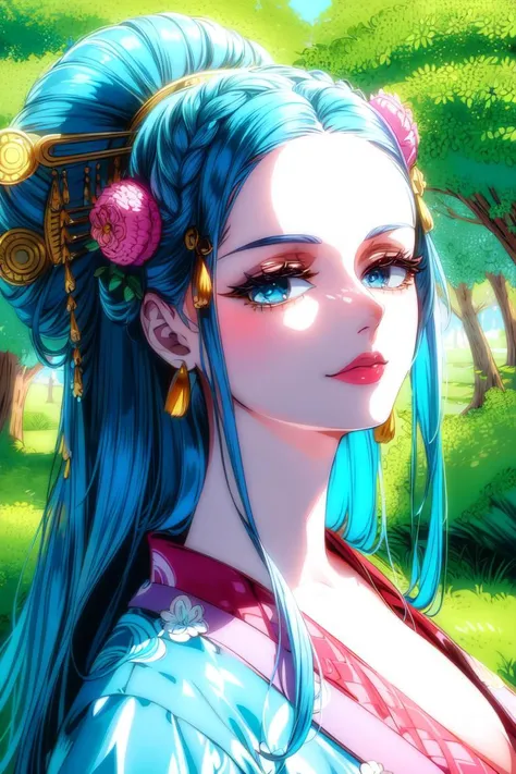 (((ultra detailed background, delicate pattern, intricate detail, highly detailed, fine details))), best quality, ((medium breasts, slim girl)), KozukiHiyori, 1girl, solo, hair ornament, closed mouth, hair flower, japanese clothes, makeup, kimono, lipstick, aqua hair, blue eyes, long hair, hair stick, smile, kanzashi, ((complex detailed background, blue sky, nature environment, close-up, portrait, clear face)), <lora:DetailTweaker:0.5>, <lora:KozukiHiyoriTest:0.7>