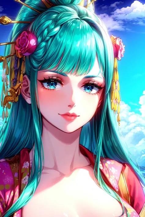 (((ultra detailed background, delicate pattern, intricate detail, highly detailed, fine details))), best quality, ((medium breasts, slim girl)), KozukiHiyori, 1girl, solo, hair ornament, closed mouth, hair flower, japanese clothes, makeup, kimono, lipstick, aqua hair, blue eyes, long hair, hair stick, smile, kanzashi, ((complex detailed background, blue sky, nature environment, close-up, portrait, clear face)), <lora:DetailTweaker:0.5>, <lora:KozukiHiyoriTest:0.7>