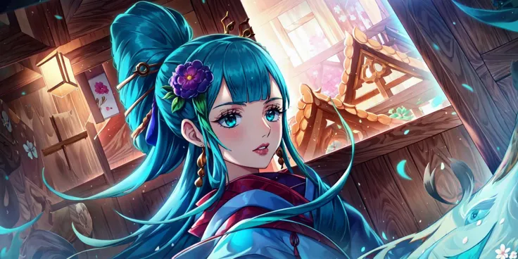 KozukiHiyori,1girl,aqua hair,aqua eyes,long hair,hair ornament,flower ornament,hair flower,bangs,hair stick,hair rings,beautiful face,detailed face,<lora:KozukiHiyori:0.7>,, an illustration in the art-style of <lora:wanostyle_2_offset:0.8>,(wanostyle),One Piece,Eiichiro Oda,Toei Animation,((Masterpiece)),(best quality:1),(highly detailed:1), <lora:add_detail:0.5>,detailed,8k,