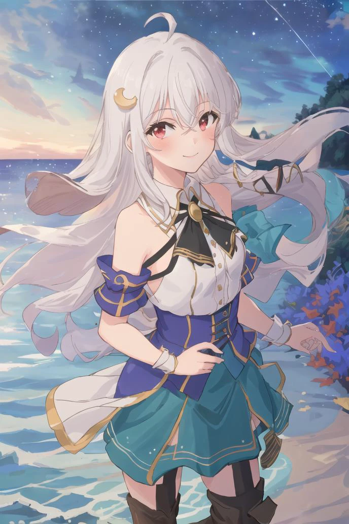<lora:ninimu-000008 (1):0.6>,(master piece:1.3),(best quality:1.3), cowboy shot, (1girl:1.2), solo,( long hair:1.3), (floating hair:1.2), (ahoge:1.1), (blush:1.1),(seductive smile:1.1),medium breasts, standing, looking at viewer, garter straps, crescent hair ornament,black footwear, knee boots,(sea:1.3),(starry sky:1.3) ,beach, water, <lora:pastelMixStylizedAnime_pastelMixLoraVersion:0.8>