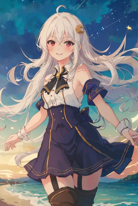 <lora:ninimu-000008 (1):0.6>,(master piece:1.3),(best quality:1.3), cowboy shot, (1girl:1.2),  solo,( long hair:1.3), (floating hair:1.2), (ahoge:1.1), (blush:1.1),(seductive smile:1.1),medium breasts,  standing, looking at viewer, garter straps, crescent hair ornament,black footwear,  knee boots,(sea:1.3),(starry sky:1.3)  ,beach,  water