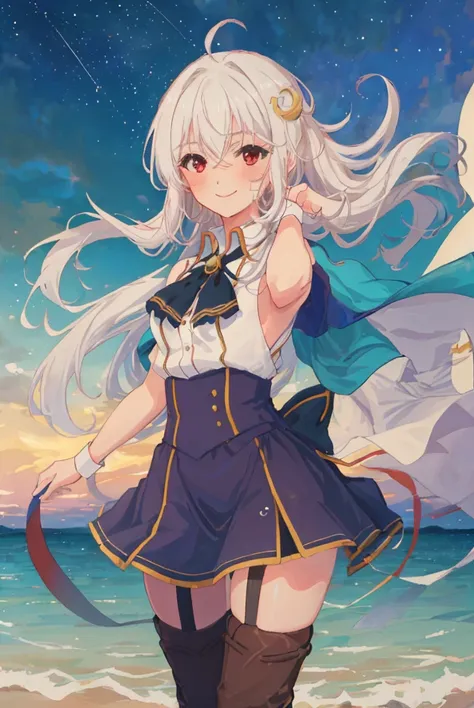 <lora:ninimu-000008 (1):0.6>,(master piece:1.3),(best quality:1.3), cowboy shot, (1girl:1.2), solo,( long hair:1.3), (floating hair:1.2), (ahoge:1.1), (blush:1.1),(seductive smile:1.1),medium breasts, standing, looking at viewer, garter straps, crescent hair ornament,black footwear, knee boots,(sea:1.3),(starry sky:1.3) ,beach, water