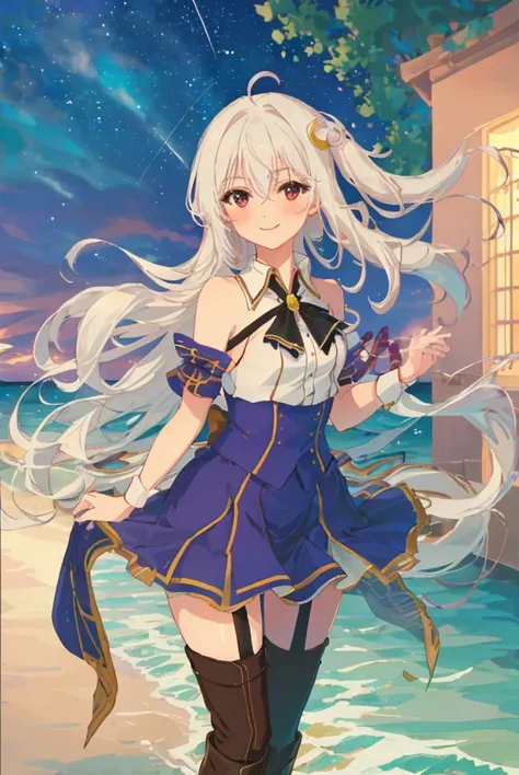 <lora:ninimu-000008 (1):0.6>,(master piece:1.3),(best quality:1.3), cowboy shot, (1girl:1.2), solo,( long hair:1.3), (floating hair:1.2), (ahoge:1.1), (blush:1.1),(seductive smile:1.1),medium breasts, standing, looking at viewer, garter straps, crescent hair ornament,black footwear, knee boots,(sea:1.3),(starry sky:1.3) ,beach, water