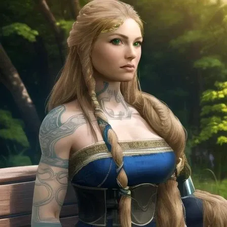 Masterpiece, highest Quality, Highest Resolution, ultra realistic, 1girl, solo, long hair, breasts, looking at viewer, blonde hair, detailed background, dress, bare shoulders, green eyes, upper body, braid, lips, strapless, tattoo, blue dress, hair over shoulder, corset, arm tattoo, shoulder tattoo, in forest, sitting on bench, birds, vegetation, sunny,