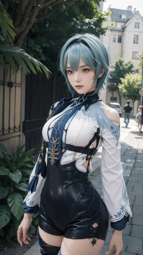 best quality,masterpiece,8k wallpaper,absurdres, highres, ultra detailed, (1 young beautiful girl, solo:1.1),eula_in_genshin, cowboy shot, 1girl, (blue short hair:1.3), black hairband,a leotard with a white top and black bottom, white long sleeves, blue necktie, jewelry on the shoulder, upper body,outdoors, castle, streets, green plants, flowers,<lora:eula_NOFACE:1>
BREAK