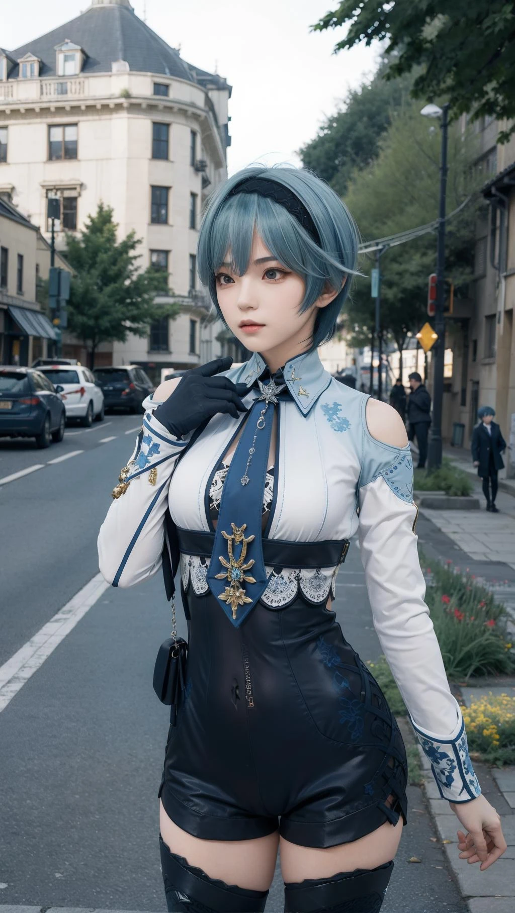 best quality,masterpiece,8k wallpaper,absurdres, highres, ultra detailed, (ung beautiful girl, solo:1.1),eula_in_genshin, cowboy shot, 1girl, (blue short hair:1.5), black hairband,a leotard with a white top and black bottom, white long sleeves, blue necktie, jewelry on the shoulder, upper body,outdoors, castle, streets, green plants, flowers,<lora:eula_NOFACE:1>
BREAK