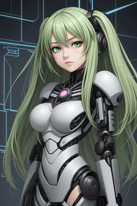1girl, long green hair, cybernetic, anime style