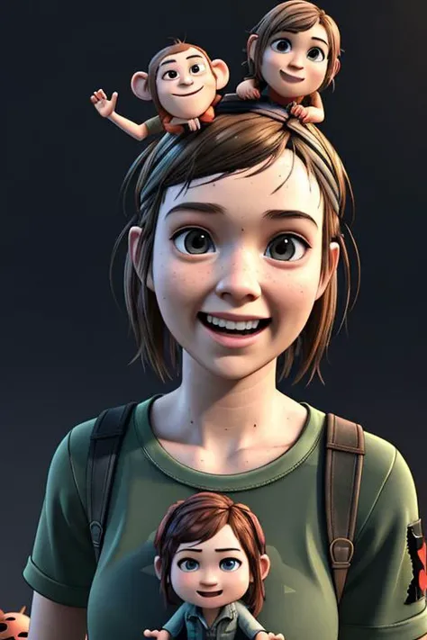 Ellie from The Last of Us game, Putting smiling monkies on her head, (3d, pixar)1.2, (detailed, highres, best-quality, masterpiece)1.2