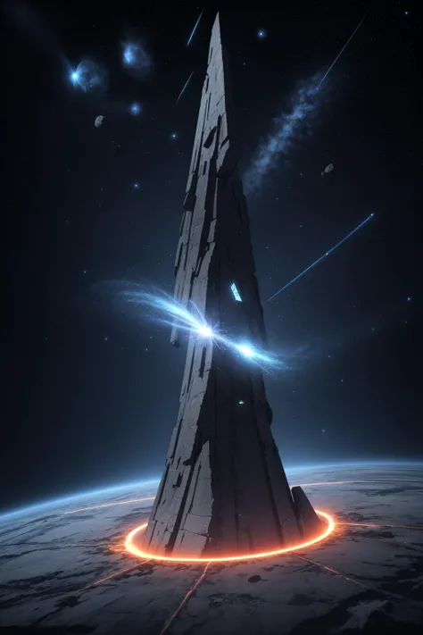 space, asteroids, monolith, glowing, quantum anomaly, vortex, swirling