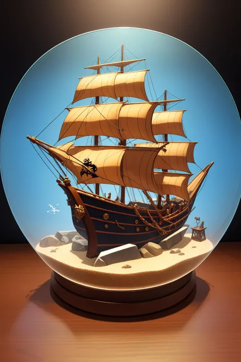 abstract, glass terrarium, pirate ship