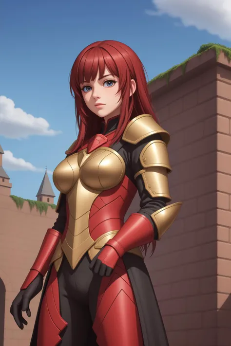 1girl, red armor, fantasy scene, high fantasy, detailed background, castle, sky, brickwork, big hair, sideswept bangs