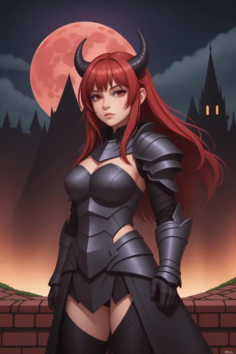 1girl, black armor, fantasy scene, high fantasy, horns, hell knight, detailed background, demon castle, dark sky, red moon, night, brickwork, big hair, sideswept bangs