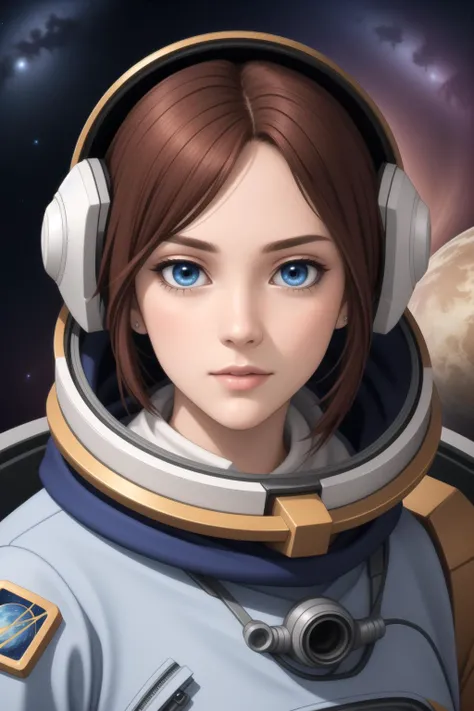 masterpiece, best quality, highly detailed, detailed face, 1girl, astronaut, space, stars, planet