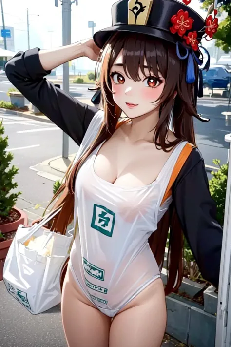 Highly detailed, High Quality, masterpiece, <lora:hutao1:0.9> hutaodef, ((small breasts)), <lora:plastic bag:0.7> plastic bag,swimsuit,