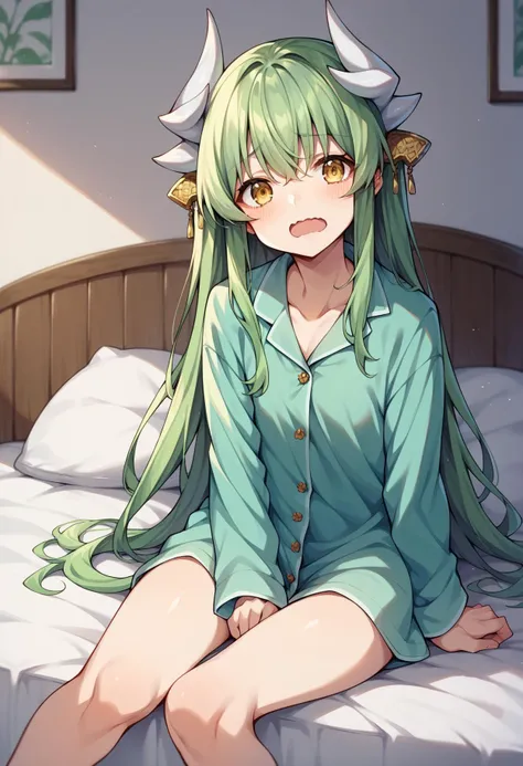 (Masterpiece), Best Quality, ultra-detailed, 1girl (zodiac_mallow, lovely small breasts, dark skin, naked body, green hair, long wave hair, headband, pink flower in hair, green eyes, half-closed eyes, wet eyes ), facing viewer, looking at viewer, a come-hither face, parted lips, head tilt, nose blush, blush, solo,dark skin, white y-shirts(long sleeve, buttons), big y-shirts, naked y-shirts, open y-shirts, nipples, navel, pussy, dark skin, in the bedroom, night time, on the  bed, lie down, lying, temptation,  come-on, love juice flows out of her pussy,   