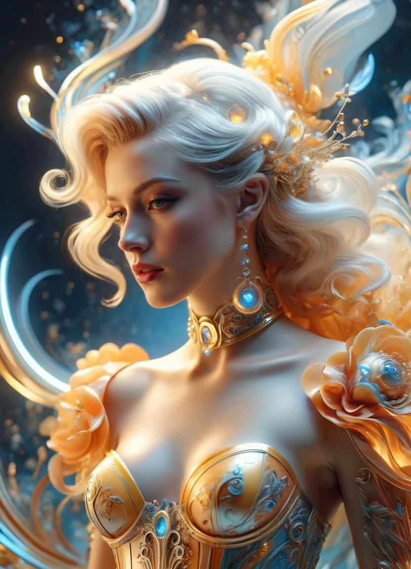 Neo-Rococo, Translucent women in biomechanical body, liquid cooling, intricate circuits, beautiful, elegant, white gradient with orange, yellow and golden smoke and blue crystal liquid, stunning, render, hyperrealistic, octane render <lora:DonMP4ste11F41ryT4l3XL:0.8> DonMP4ste11F41ryT4l3XL, subsurface scattering, Photorealistic, Hyperrealistic, analog style, realistic, film photography, soft lighting, heavy shadow, curved forms, naturalistic ornamentation, elaborate, decorative, gaudy, Neo-Rococo