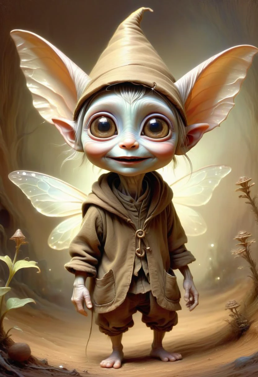 DonMP4ste11F41ryT4l3XL painting fairy, small humanoid creature, wrinkled or aged appearance, brown earth toned clothing, pointed ears, friendly expression, small pointed hat, expressive eyes, curiosity, playfulness, cute, helpful household tasks, domestic environments , <lora:DonMP4ste11F41ryT4l3XL-000008:0.8>