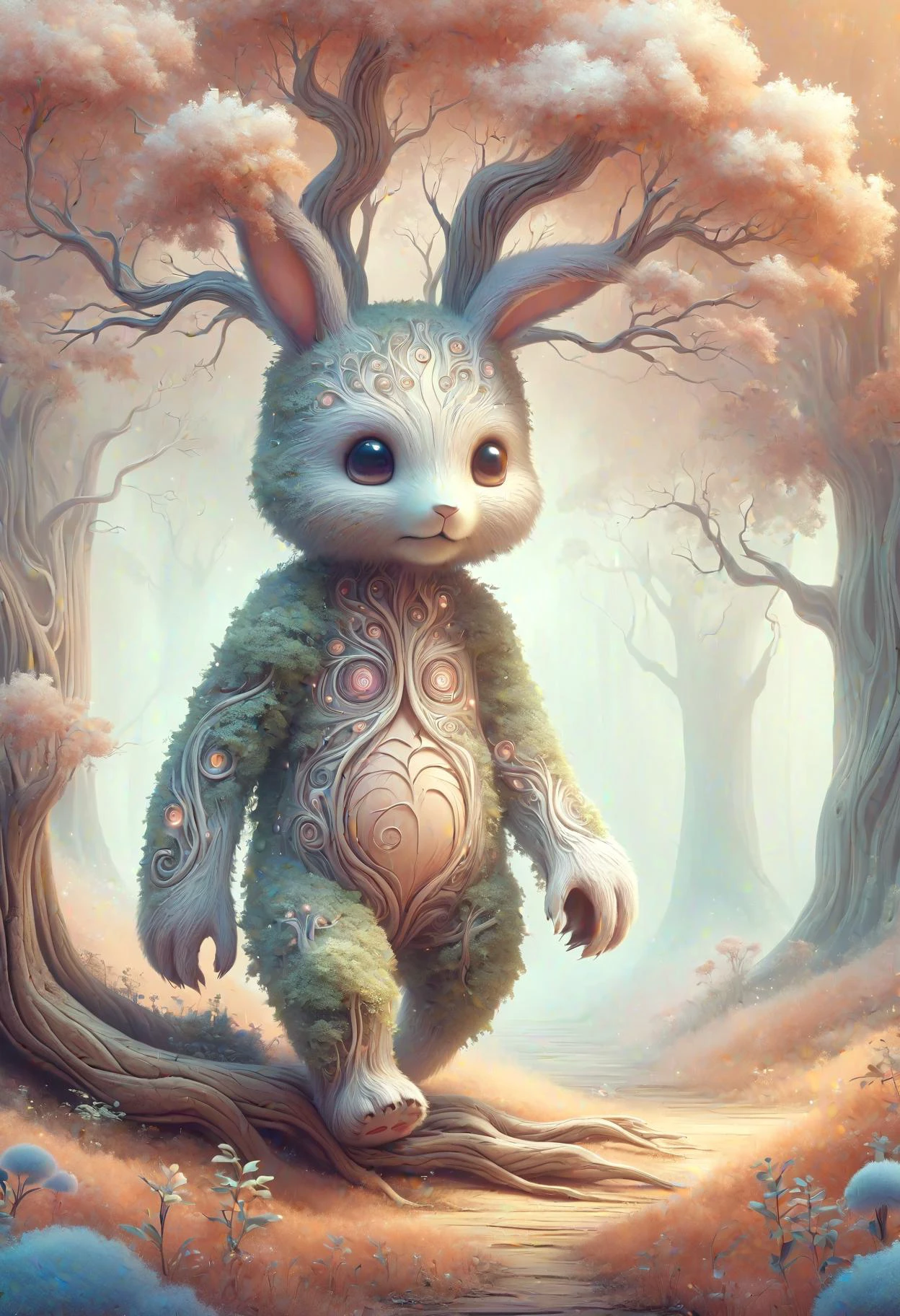 DonMP4ste11F41ryT4l3XL manga rabbit-bear, fictional peaceful wise plantoid tree-like entity, walking tree, bark covered skin, woody features, limbs resembling branches and roots, guardianship of forests and nature <lora:DonMP4ste11F41ryT4l3XL-000008:0.8>