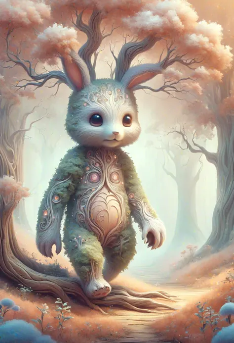 DonMP4ste11F41ryT4l3XL manga rabbit-bear, fictional peaceful wise plantoid tree-like entity, walking tree, bark covered skin, woody features, limbs resembling branches and roots, guardianship of forests and nature  <lora:DonMP4ste11F41ryT4l3XL-000008:0.8>