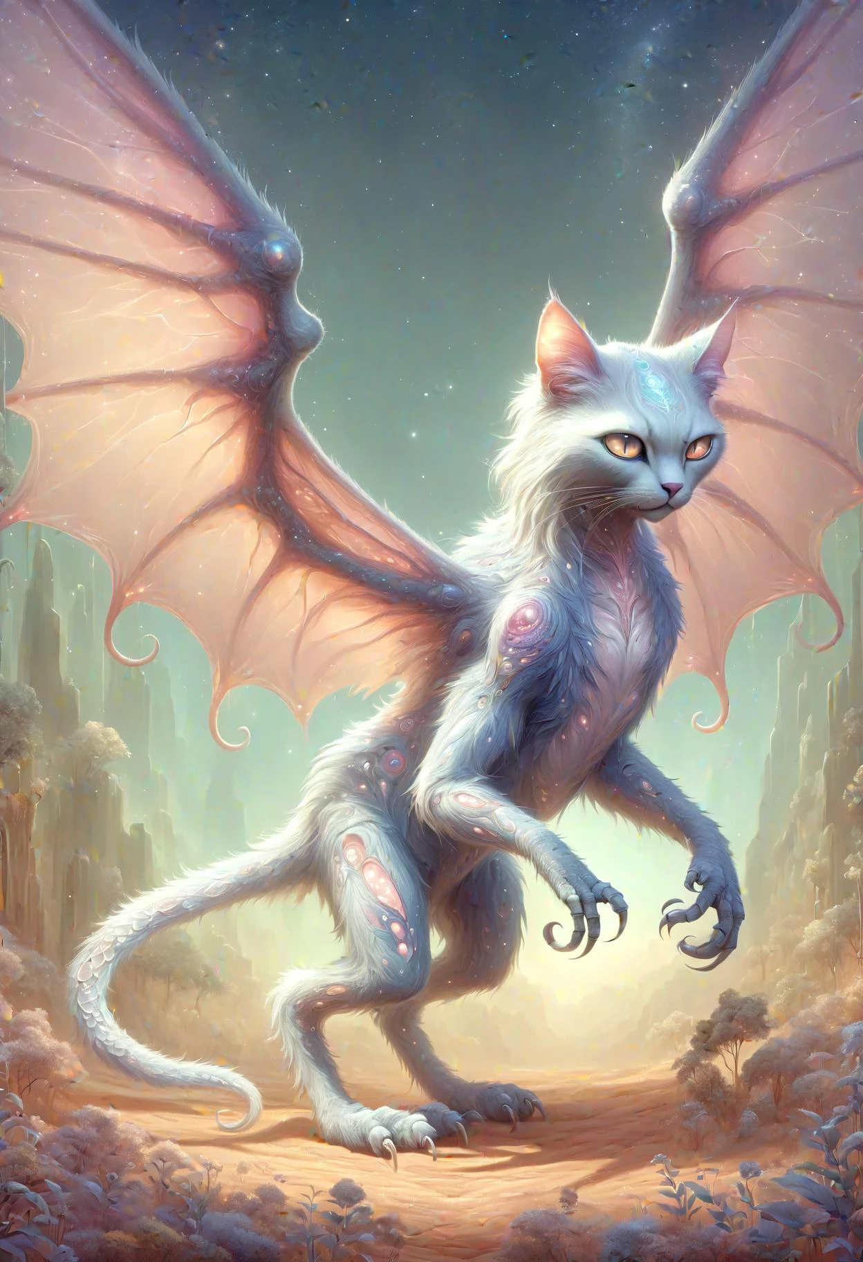 DonMP4ste11F41ryT4l3XL cartoon gigantic winged alienesque gritty feline sentient being, bipedal bimanual, unguligrade appendages, curved-tailed, scales, <lora:DonMP4ste11F41ryT4l3XL-000008:0.8>