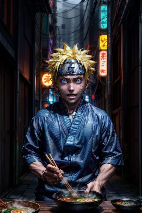 best quality, masterpiece, highres, volumetric lighting, hdr, glowing, 1boy, uzumaki naruto, <lora:Naruto:0.5>,forehead protector, using chopsticks, <lyco:GoodHands-beta2:1>, <lora:NijiExpressV2:0.3>, (detailed background), eating ramen, sitting, <lora:ramen_v3:1>, (in cyberpunk japan), <lora:fodm4st3r:0.2>, glowing eyes, orange, green, blue , purple color,(exciting,happy), heart, blue eyes,neon lights,, masterpiece, best quality,<lora:add_detail:1.2> <lyco:GoodHands-beta2:1.0> <lora:hairdetailer:1> <lora:LowRA:0.2> dark theme
