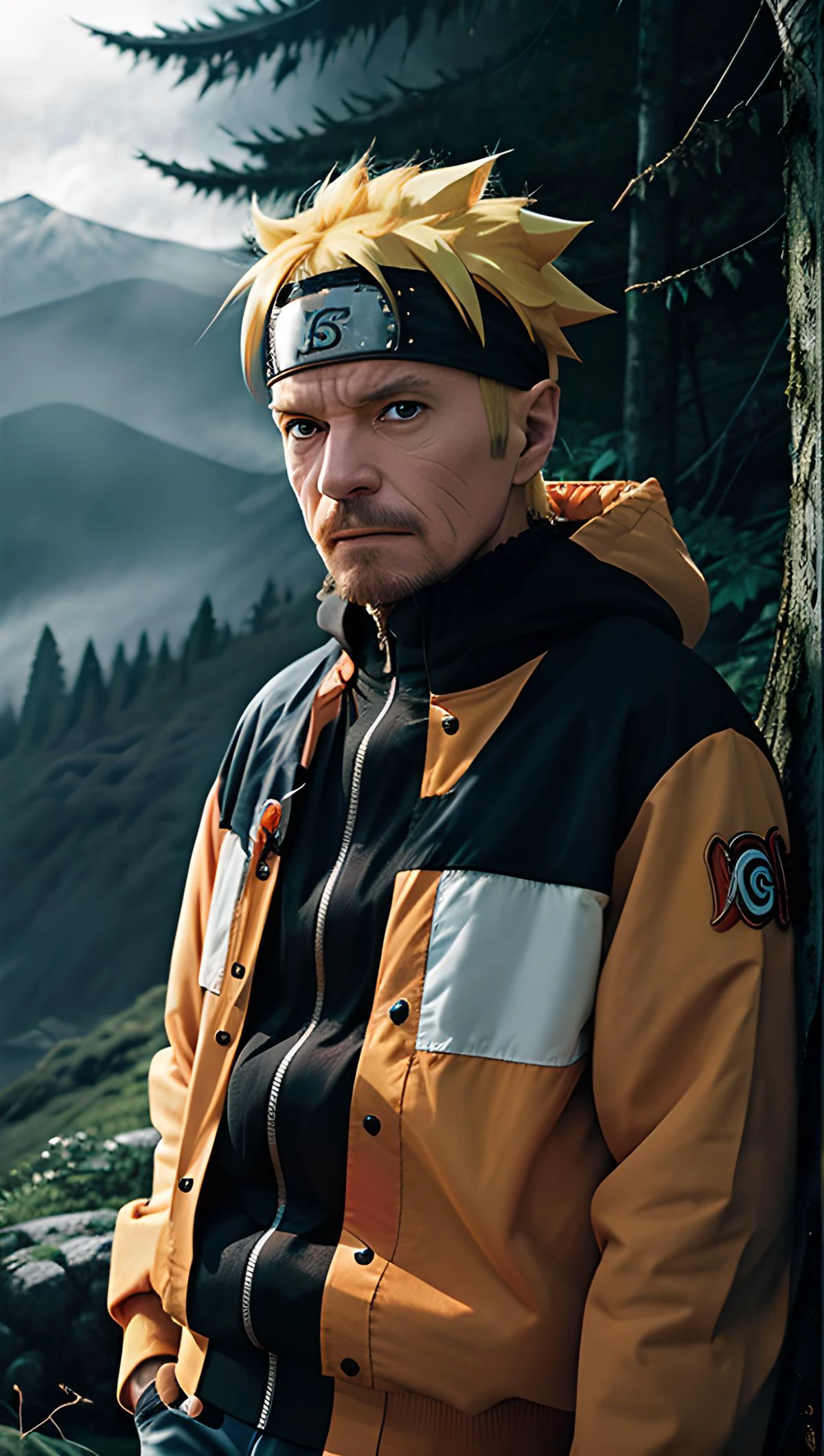 (walter white:1),one piece,wears a red Naruto clothes,yellow hair,looking to camera,forest mountain,dark mood,mist, outdoors, detailed background,uzumaki naruto ,(high Face Details:1.1),<lora:add-detail-xl:0.8> g<lora:epiCRealismHelper:0.8> <lora:last:0.8> <lora:Naruto:1>