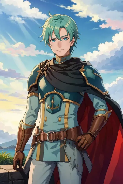 masterpiece, best quality, solo, 1boy, smirk, looking at viewer, <lora:Ephraim_Fp:1>, ephraimfe, armor, cape, boots, pants, gloves, <lora:FE-ENGAGE S Rank_Fp:1>, sky, cloud, upper body,