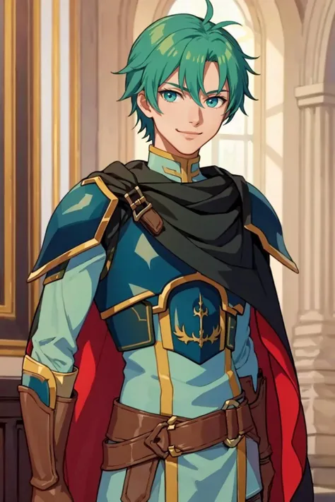 masterpiece, best quality, solo, 1boy, smile, looking at viewer, <lora:Ephraim_Fp:1>, ephraimfe, armor, cape, boots, pants, gloves, upper body,