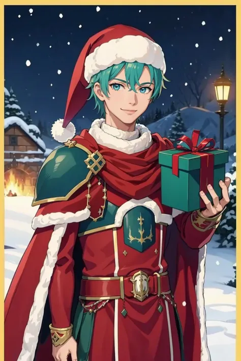 masterpiece, best quality, solo, 1boy, smile, looking at viewer, <lora:Ephraim_Fp:1>, ephraimwin, santa costume, santa hat, red cape, snow, snowing, gift, holding gift,