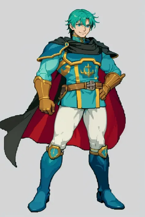 masterpiece, best quality, solo, 1boy, smile, <lora:Ephraim_Fp:1>, ephraimfe, armor, cape, boots, white pants, gloves, <lora:Cps2V3test_Fp:0.7>, simple background, full body, hand on hip, (skinny)