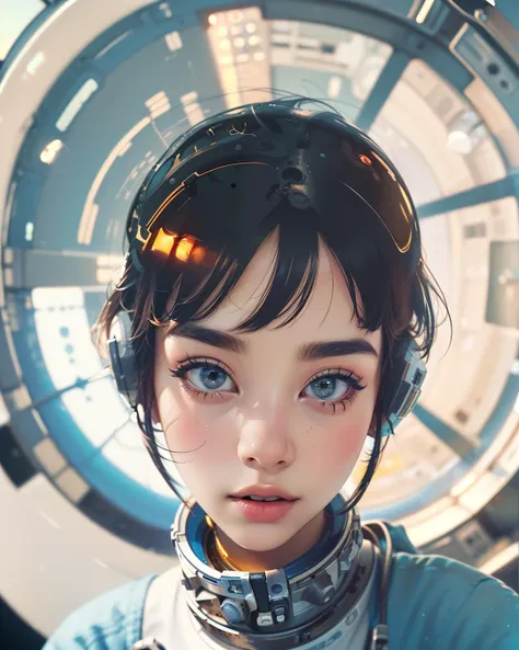 (masterpiece, best quality),1girl, space suit, ((inside space station)), ((close-up, fisheye_lens_view:1.22)),  scifi N22,
(dynamic angle:1.2), (depth of field), ((side lights:1.5, side lighting:1.5)), (Zinnia_color theme, Sage_color background), (Sage_color theme), Streetwear outfit,
 <lora:add_detail:0.5>