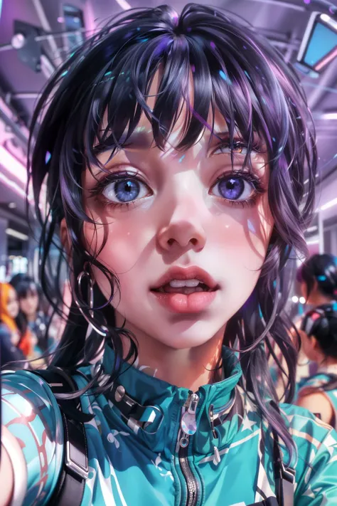(1girls, selfie), (dynamic angle:0.6), purple background, black hair, long hair, dark-skinned female, <lora:add_detail:0.4>