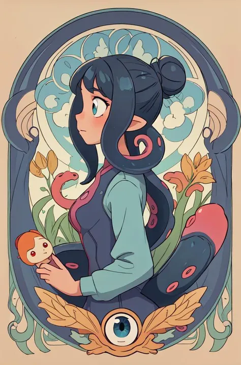 masterpiece,best quality,upper body,1girl,small breasts,inverted colors,art nouveau,move chart,topknot,cephalopod eyes,shaded,from side
Negative prompt: lowres, bad anatomy, bad hands, text, error, missing fingers, extra digit, fewer digits, cropped, worst quality, low quality, normal quality, jpeg artifacts, signature, watermark, username, blurry,nsfw,
Steps: 20, Sampler: DPM++ 2M, CFG scale: 5, Seed: 2594769587, Size: 512x768,