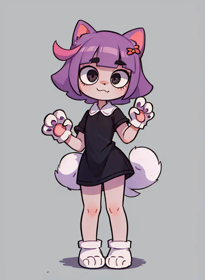 (8k, high resolution,high quality)
((masterpiece)), (detailed fur), (detailed face), concept, simple background
face
((small 1cat:1.4)), solo, (happy 1cat) , ((chibi:1.4)), (kid:1.6), child, ((big head))
((black dress, (white collar), short sleeves, violet bobhair, pink barrette in the form of a candy, cat_black_nose))
cute pads on the ((paws)), fluffy
(big feet:1.5)
(short legs:1.3)
(shorthands:2)
<lora:my_LoRA_masunya_v3:0.6>