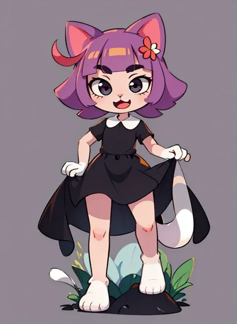 (8k, high resolution,high quality)
((masterpiece)), (detailed fur), (detailed face), character concept, simple background
((small 1cat:1.4)), solo, (happy 1cat) , open mouth, ((chibi)), , ((big head))
black dress, short sleeves
cute paws of a cat, fluffy
violet bobhair
((cat_nose))
short legs
<lora:my_LoRA_masunya_v3:0.6>