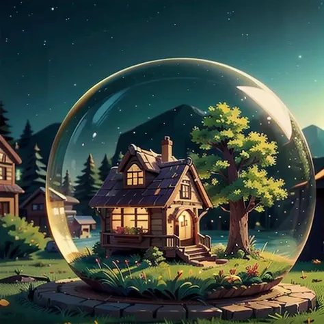 mini house, landscape, old fashion, nature, night light, a bubble, in the bubble, high detailed, masterpiece, best quality, <lora:Bubble_Sora:0.4>, (masterpiece,best quality:1.5)