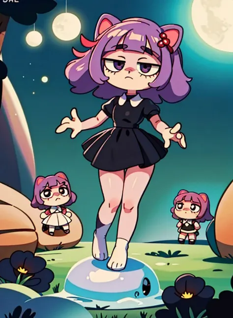 (8k, high resolution,high quality)
((masterpiece)), (detailed fur), (detailed face),  concept, simple background
face
(( small 1cat:1.4)), solo, (happy 1cat) , ((chibi:1.5)), kid:1.5, child:1.5, ((big head:1.5))
((black dress, (white neck), short sleeves, violet bobhair, pink barrette in the form of a candy, (cat_black_nose)))
 fluffy (big feet:1.5) (short legs:1.3) (thick calves)
fullbody
[dynamic pose, dancing]
<lora:my_LoRA_masunya_v3:0.6>
 <lora:EyeControl_Jitome_v2:1.5>
 <lora:Retro-V1:1>